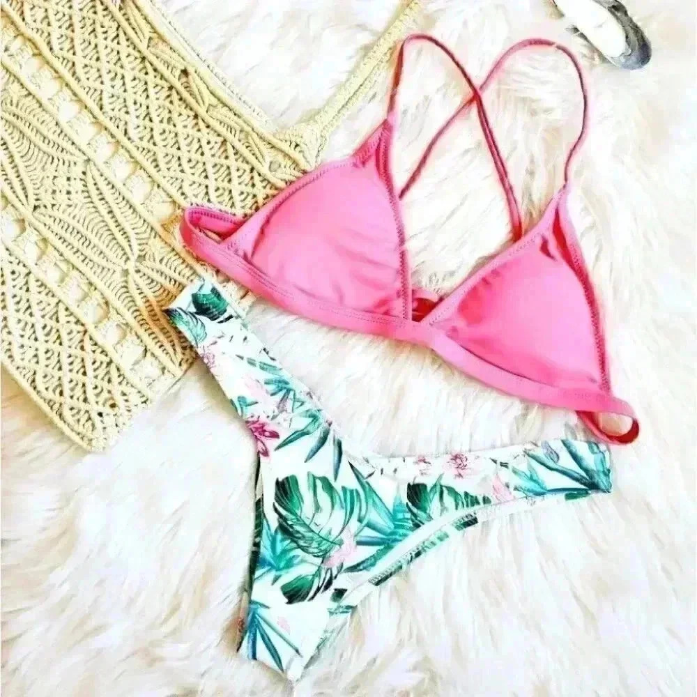 Cheeky Two Piece tropical floral print pink bikini Size Small NWT